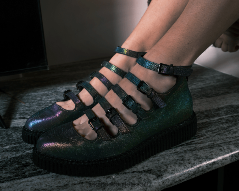 T.U.K. Footwear הַנעָלָה נשים חצות אבלון רב רצועות מחודדת מרי ג'יין JBPR54 ירוק/סגול/כחול